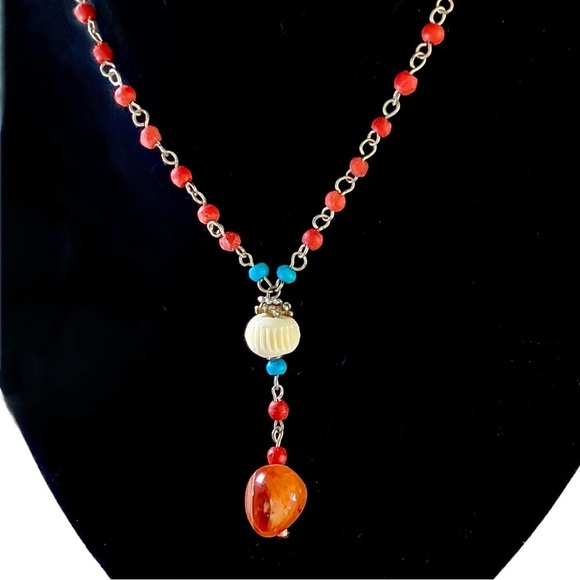 Stone & Beaded Necklace Bohemian Orange & Turquoise Colors Lobster Claw Closure - Picture 1 of 9